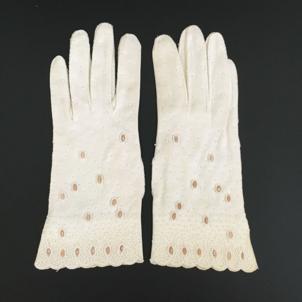 Vintage Faris Freres Pearls Beaded Evening Gloves Double Woven Cotton Size 7
